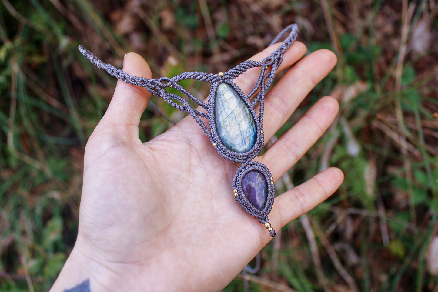 Macrame necklace | Pink & Blue Labradorite