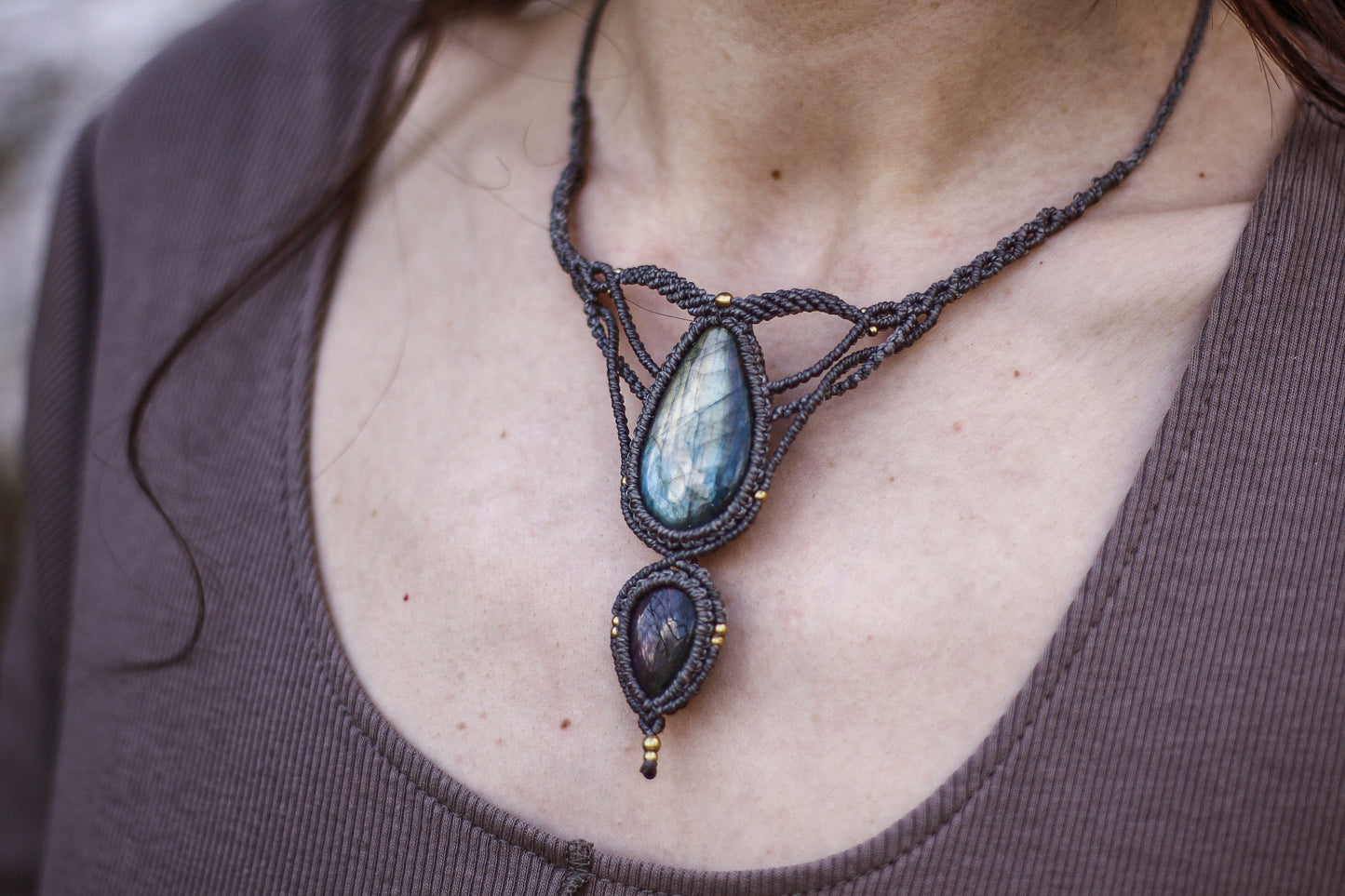 Macrame necklace | Pink & Blue Labradorite