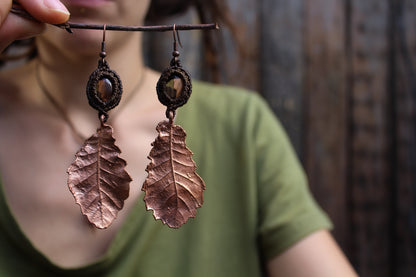 Smoked quartz earrings with Oak leaves