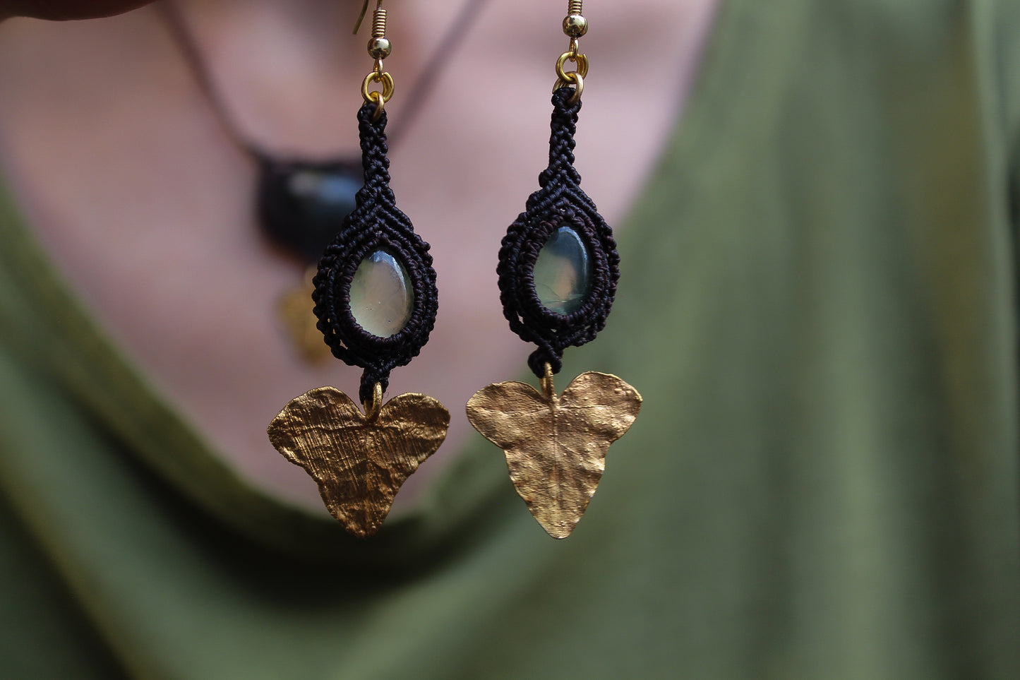 Earrings with Prehnite and Ivy leaves