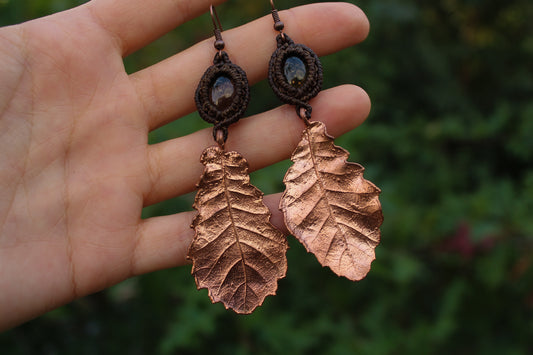 Smoked quartz earrings with Oak leaves