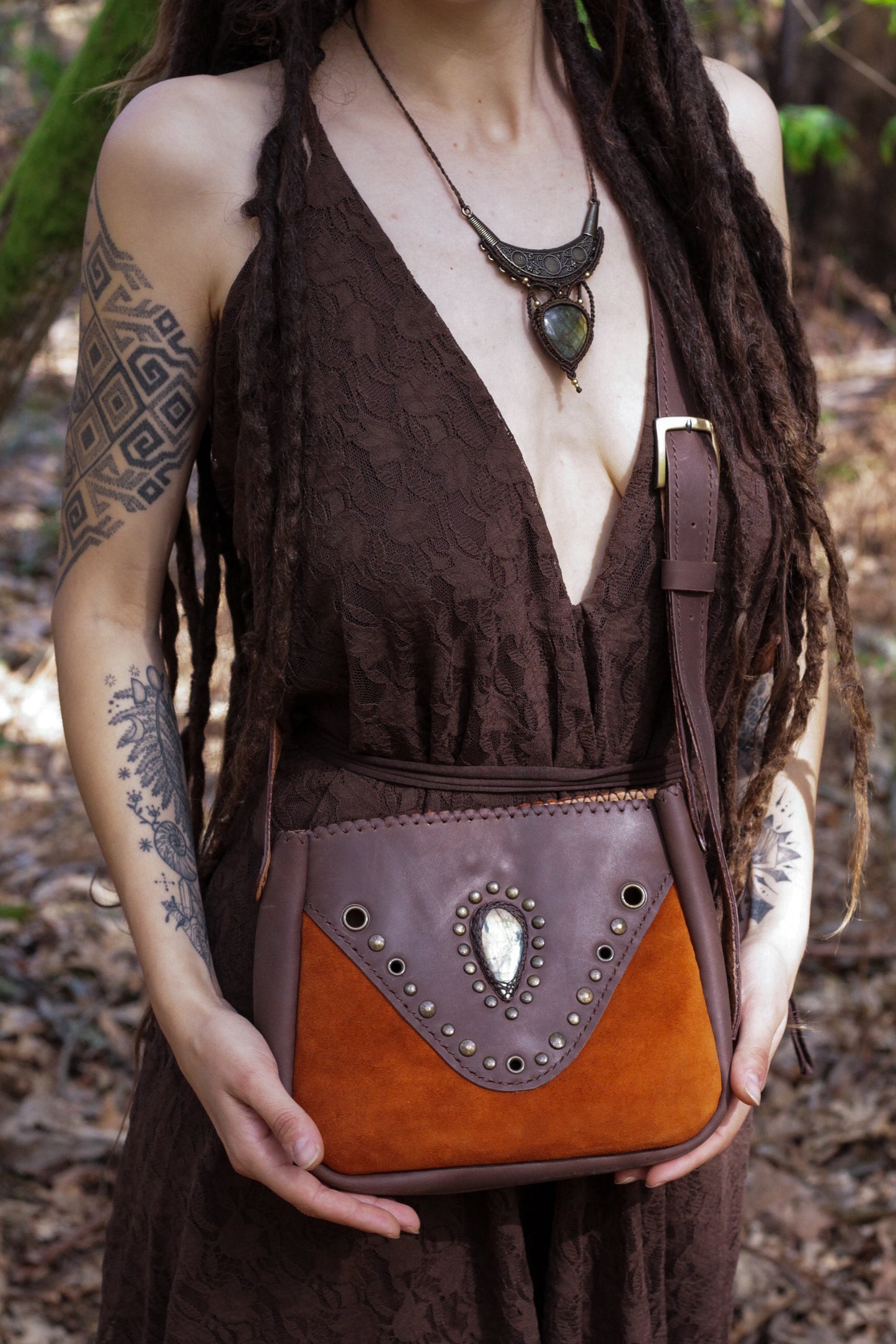 Brown/Orange Maeve bag with Labradorite