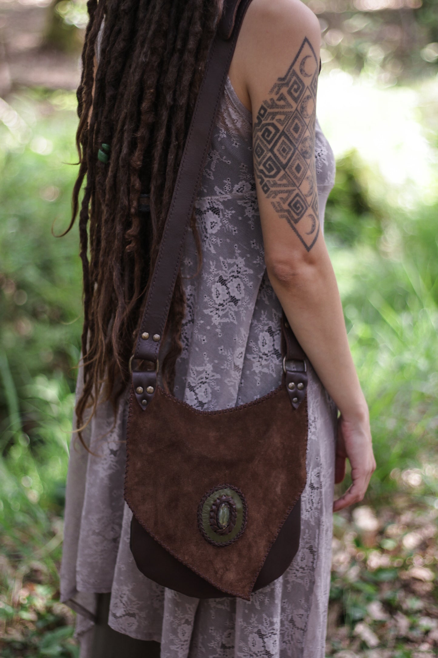 Elven brown leather bag with Labradorite