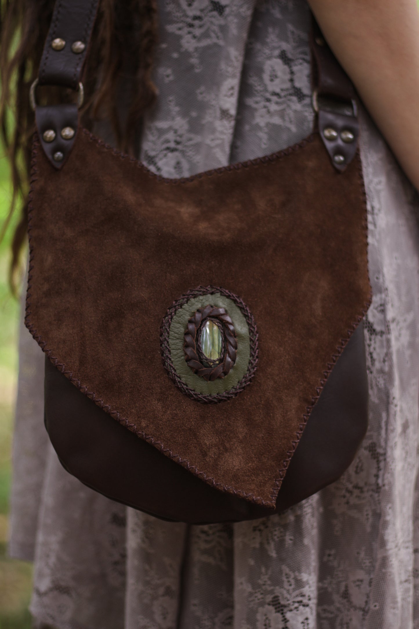 Elven brown leather bag with Labradorite