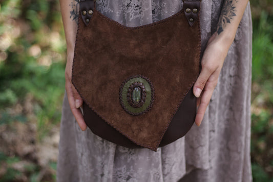 Elven brown leather bag with Labradorite