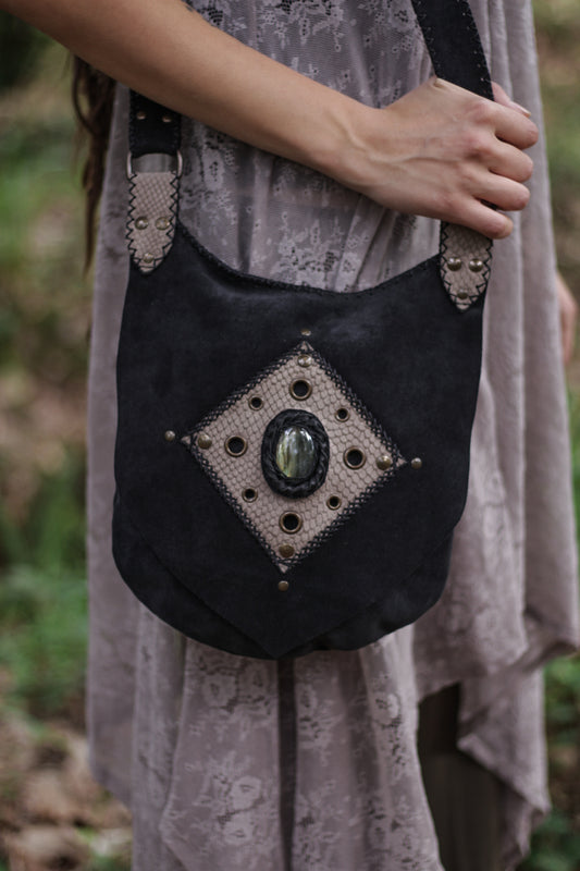 Black suede bag with labradorite