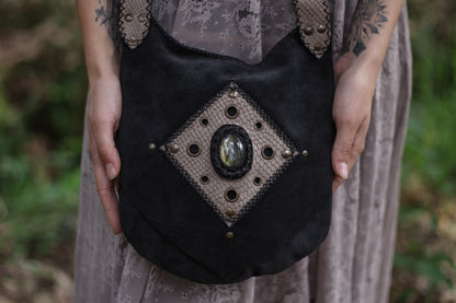 Black suede bag with labradorite