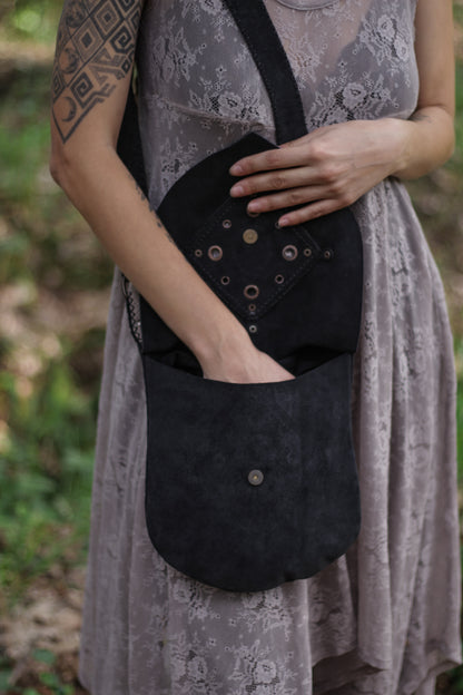 Black suede bag with labradorite