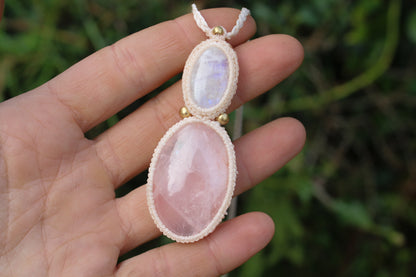Micro macrame pendant |Moonstone & Rose Quartz