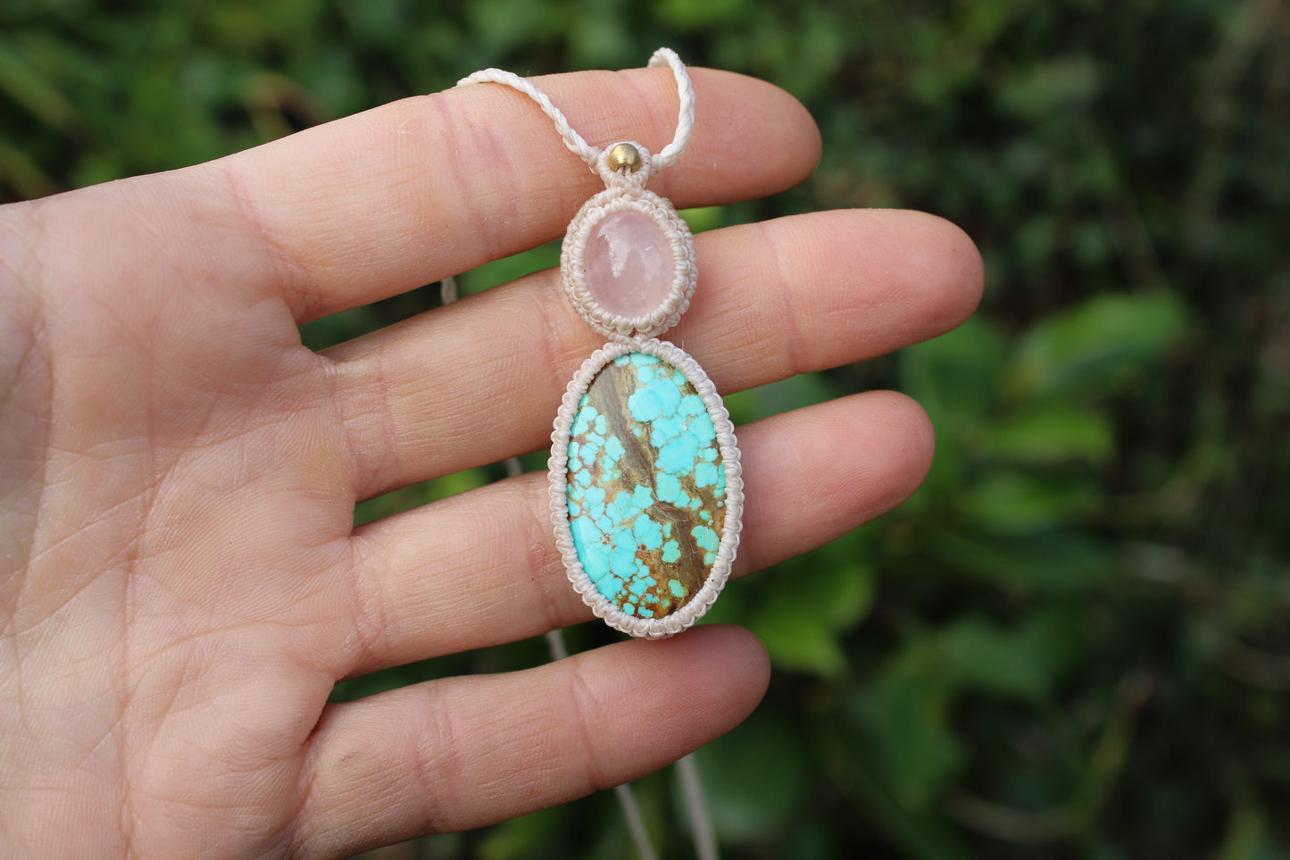 Micro macrame pendant |Rose Quartz & Tibetan Turquoise