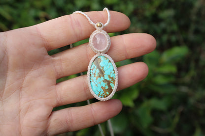 Micro macrame pendant |Rose Quartz & Tibetan Turquoise