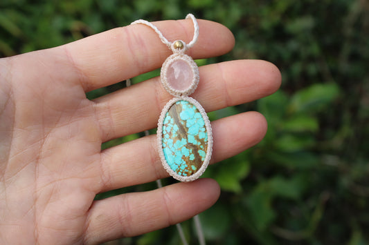 Micro macrame pendant |Rose Quartz & Tibetan Turquoise