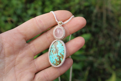 Micro macrame pendant |Rose Quartz & Tibetan Turquoise