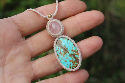 Micro macrame pendant |Rose Quartz & Tibetan Turquoise