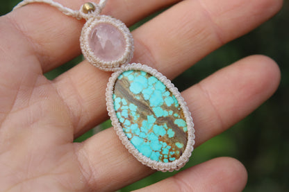 Micro macrame pendant |Rose Quartz & Tibetan Turquoise