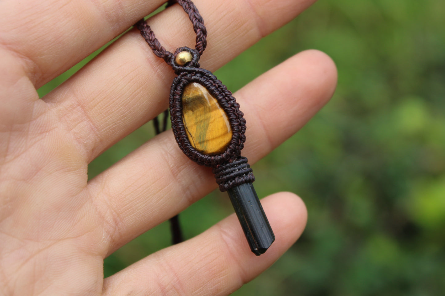 Micro macrame pendant | Tiger Eye & Green Turmaline