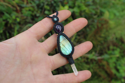 Micro macrame pendant | Opal, Amethyst, Labradorite & Quartz