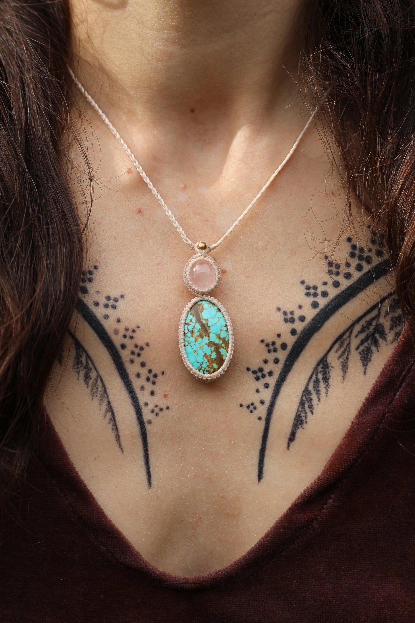 Micro macrame pendant |Rose Quartz & Tibetan Turquoise
