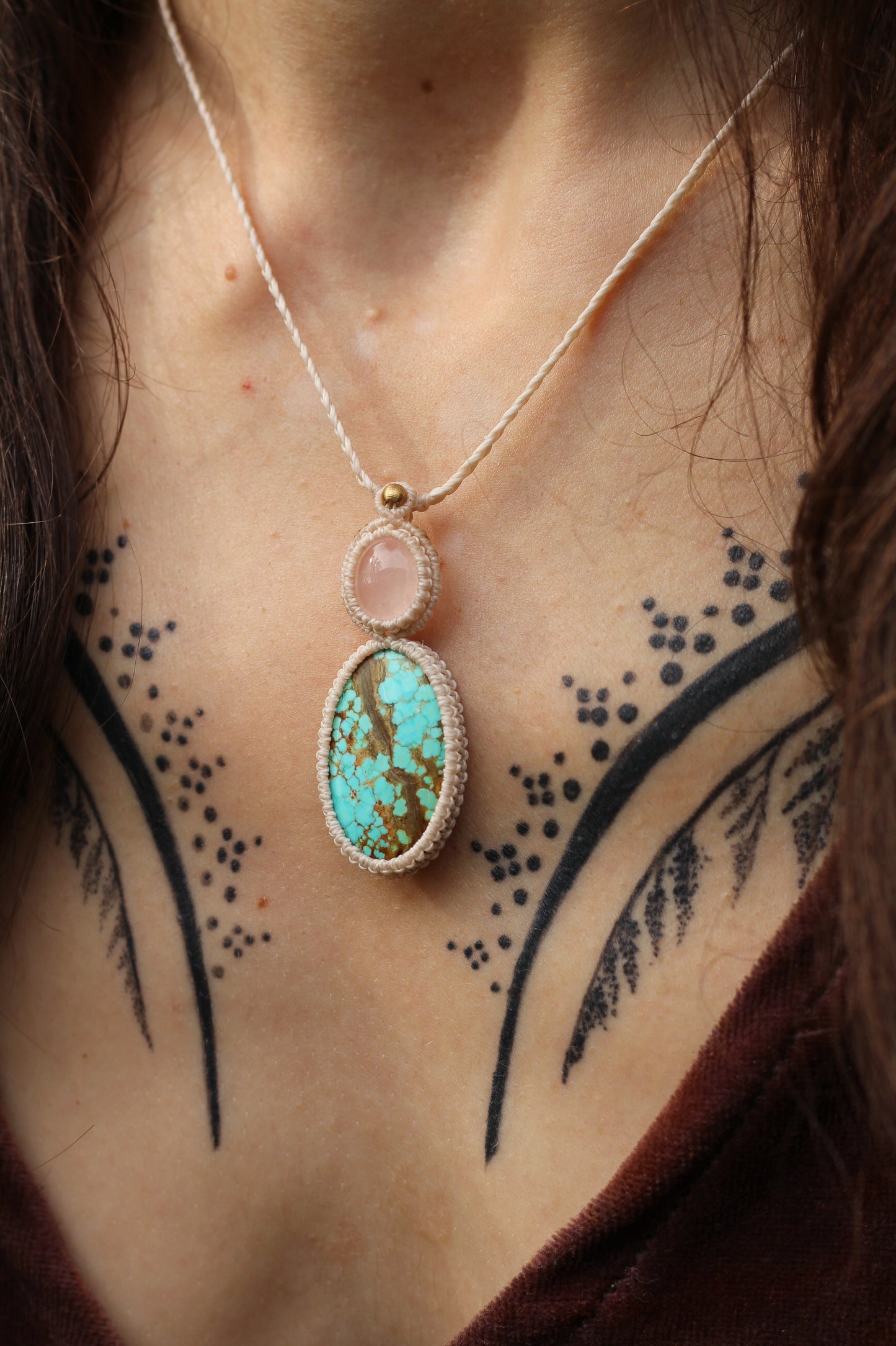 Micro macrame pendant |Rose Quartz & Tibetan Turquoise