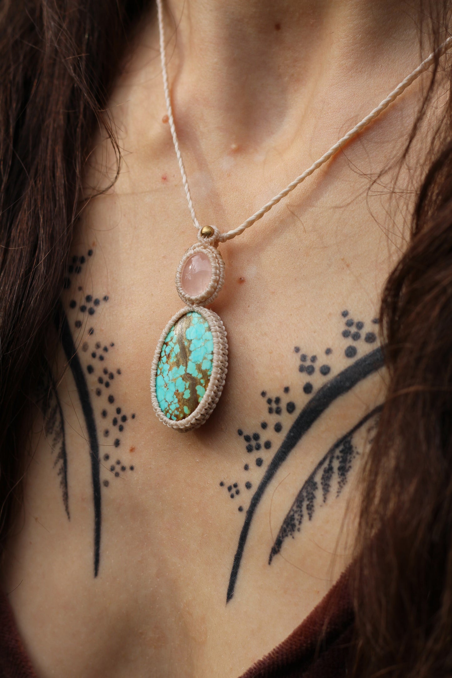 Micro macrame pendant |Rose Quartz & Tibetan Turquoise