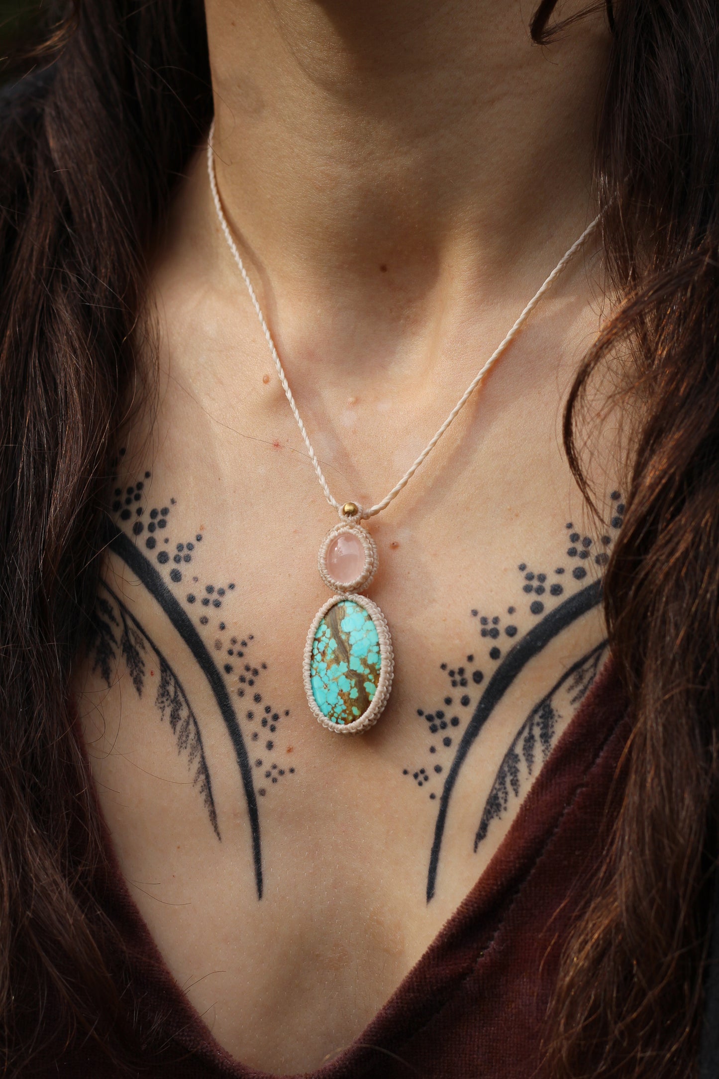Micro macrame pendant |Rose Quartz & Tibetan Turquoise