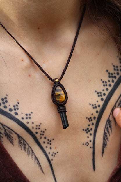 Micro macrame pendant | Tiger Eye & Green Turmaline