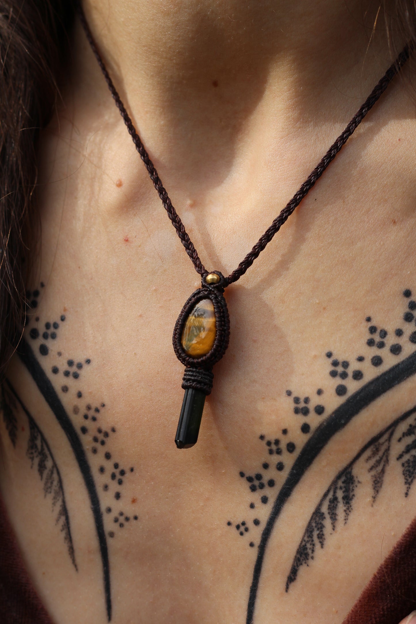 Micro macrame pendant | Tiger Eye & Green Turmaline