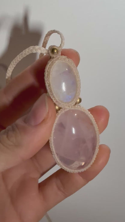 Micro macrame pendant |Moonstone & Rose Quartz
