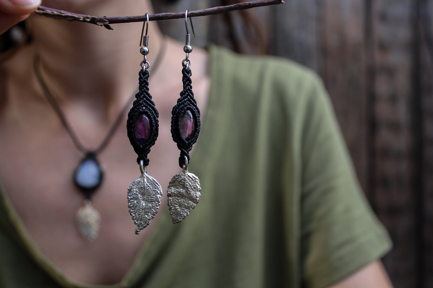 Amethyst earrings with Lantana leaves